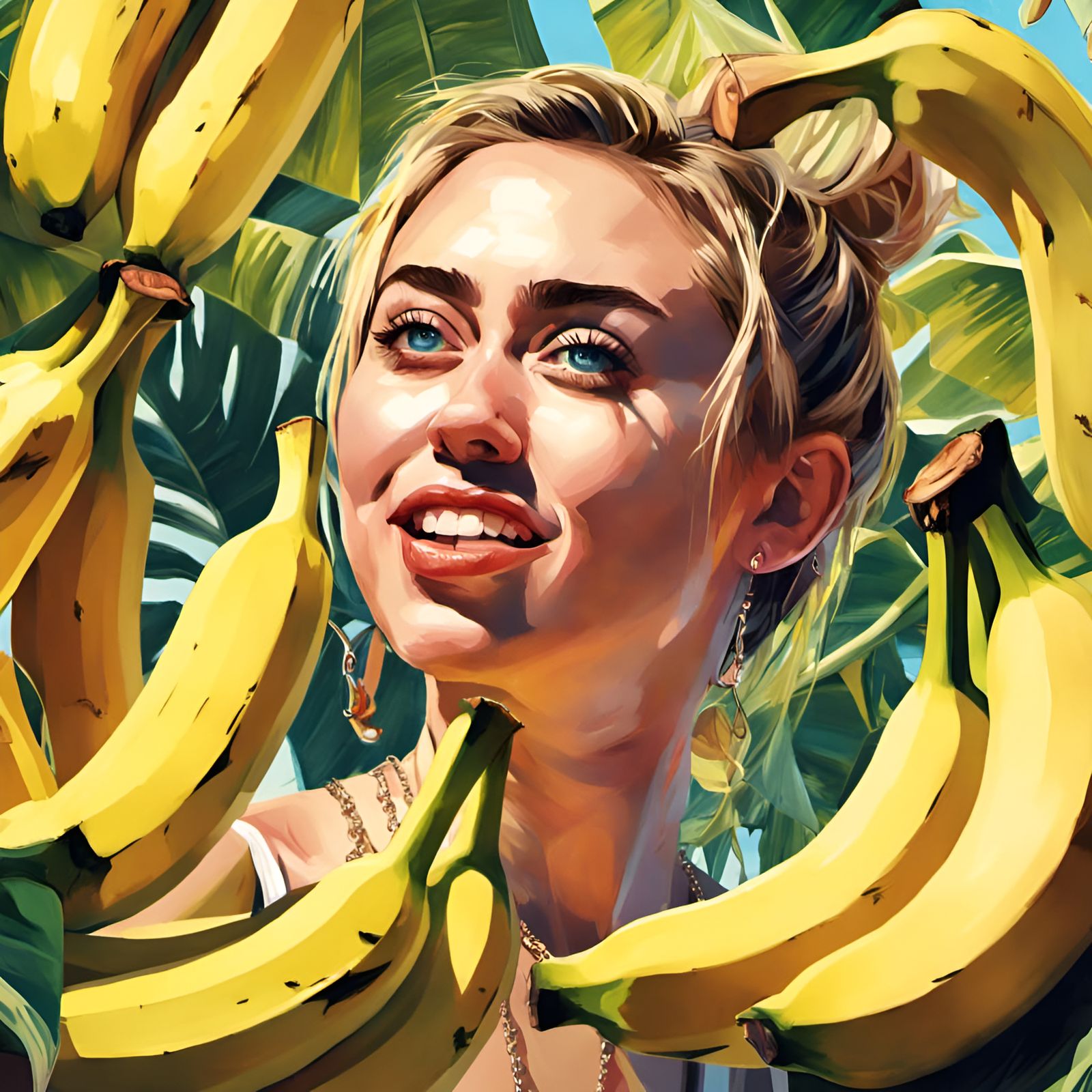Miley Cyrus Surrounded by Bananas, Digital Illustration