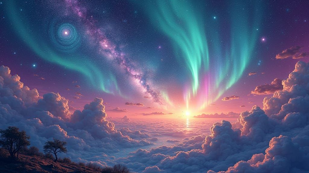 Cosmic Aurora Borealis in Mixed Media Illustration