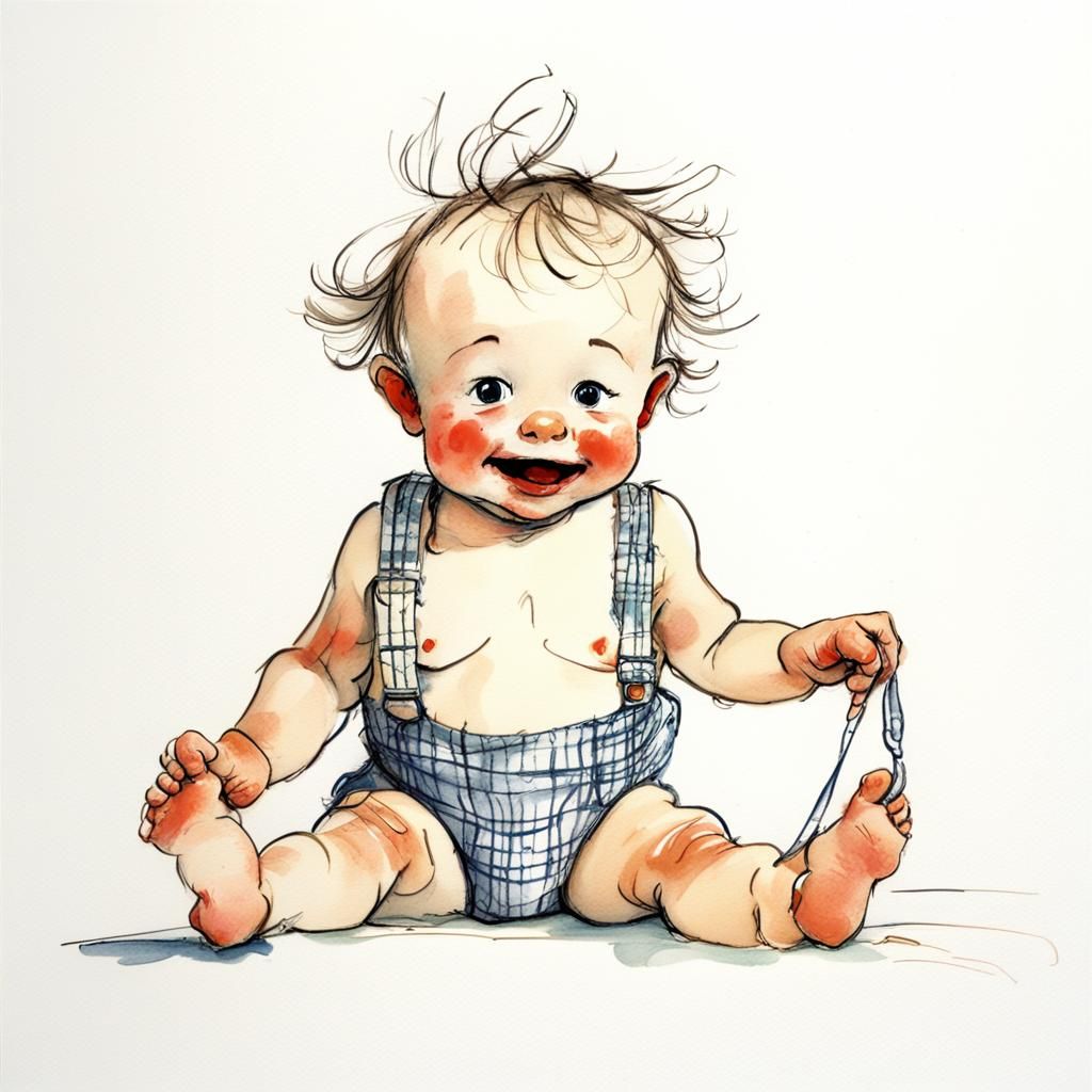 Toddler in Tartan Braces, Quentin Blake Style