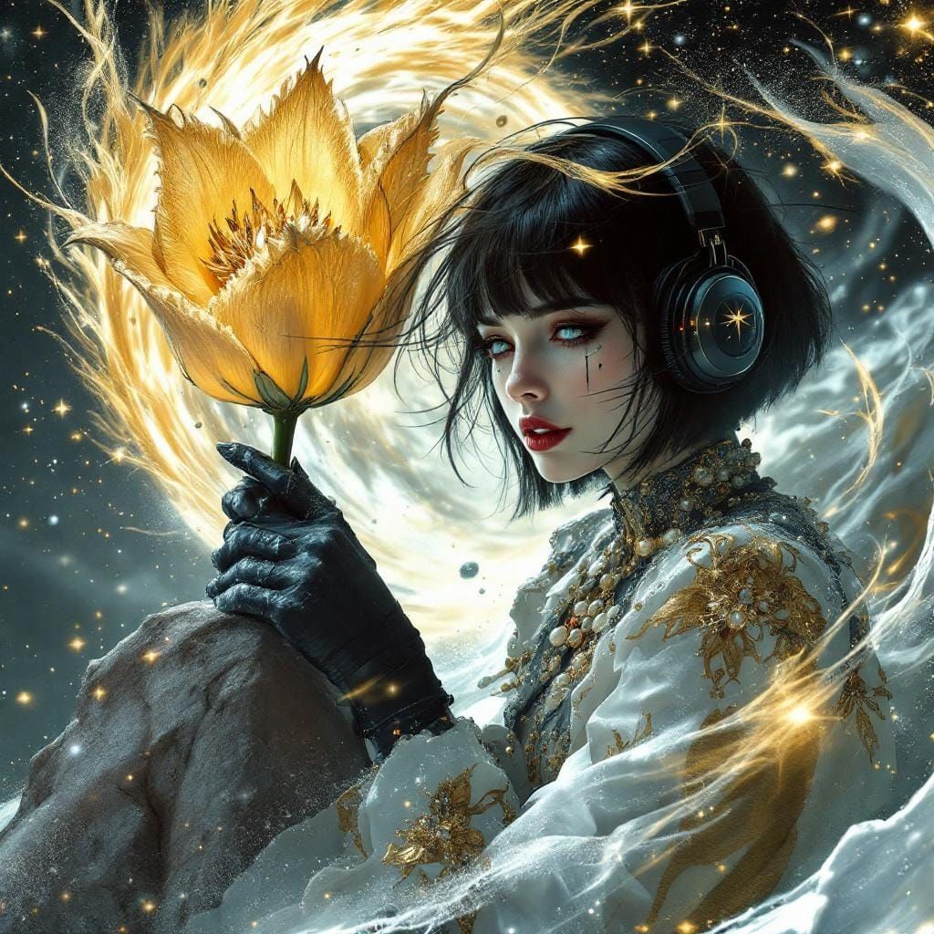Brunette Girl in Cyberpunk Style with Golden Tulip