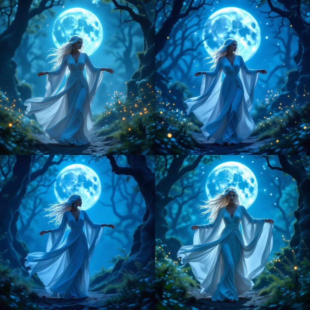 Mystical Priestess Dancing Under Blue Moon in Elf Forest