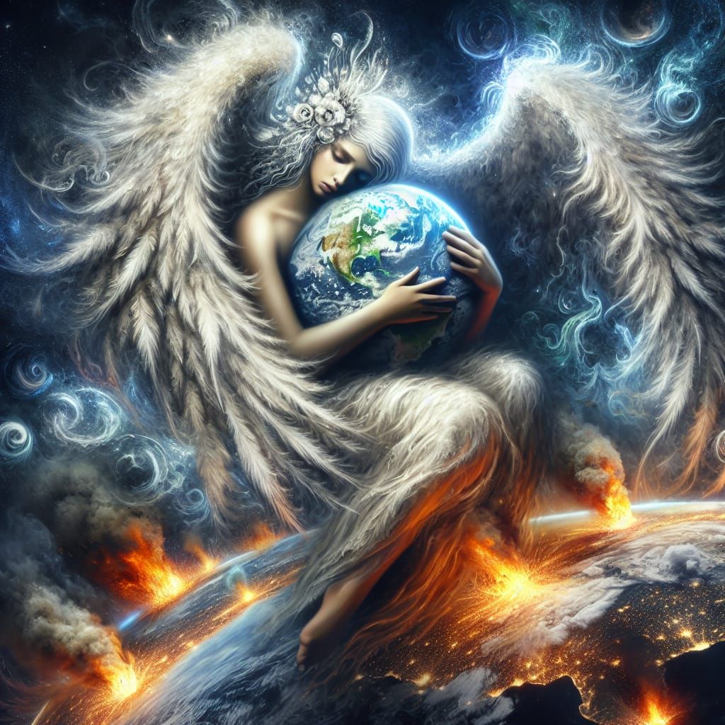 Angel Comforts a Turbulent Earth in Breathtaking Space Illus...