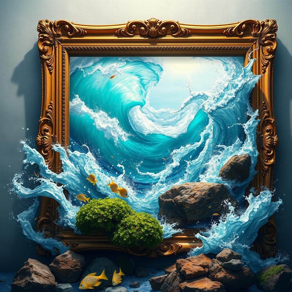 Ocean Scene Bursts From Gilded Frame