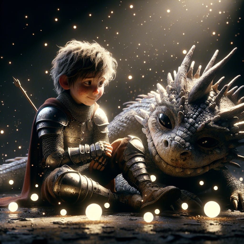 Boy Knight and Dragon Resting in Animated Scene