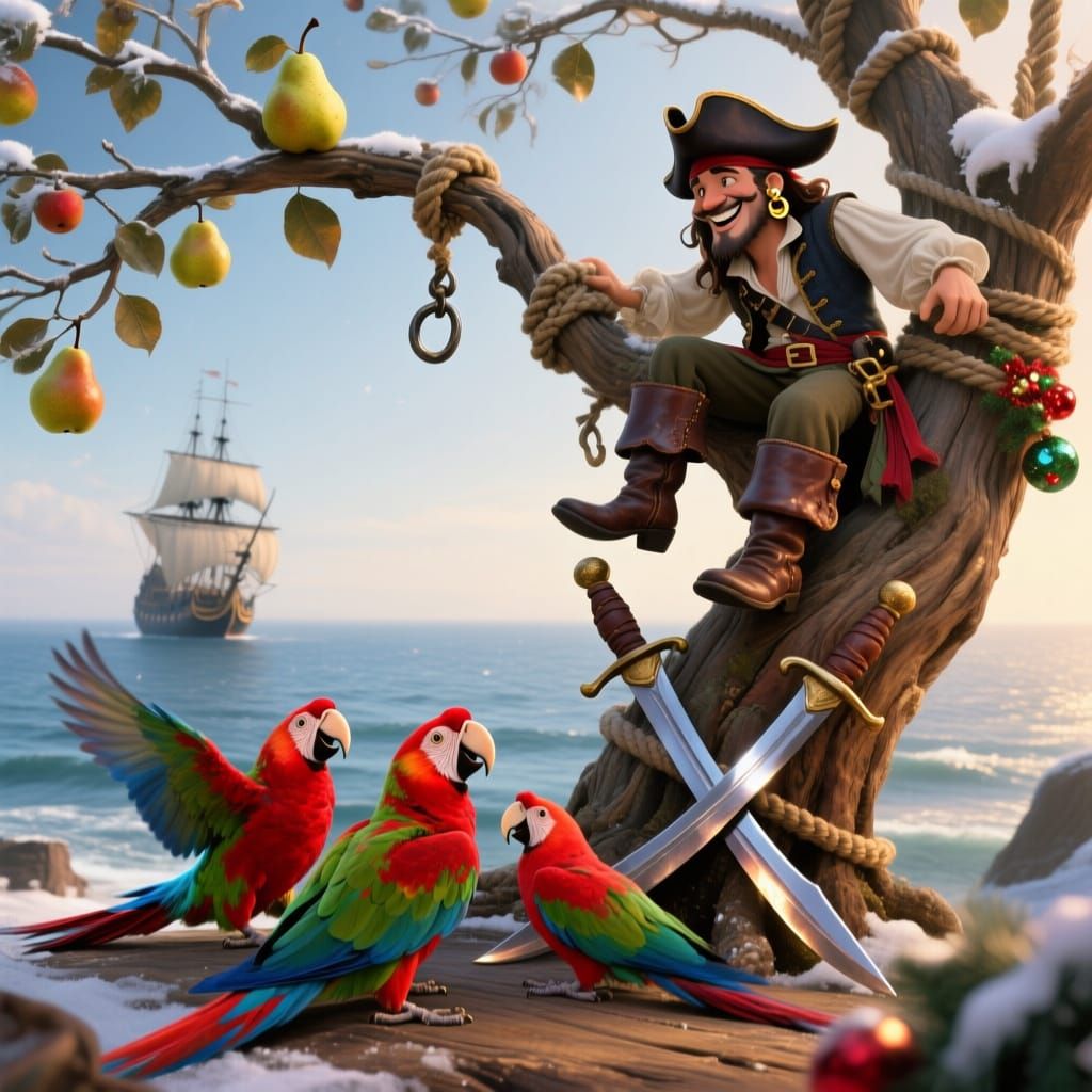 Three squawking parrots
Two crossed cutlasses
…and a pirate in a pear tree