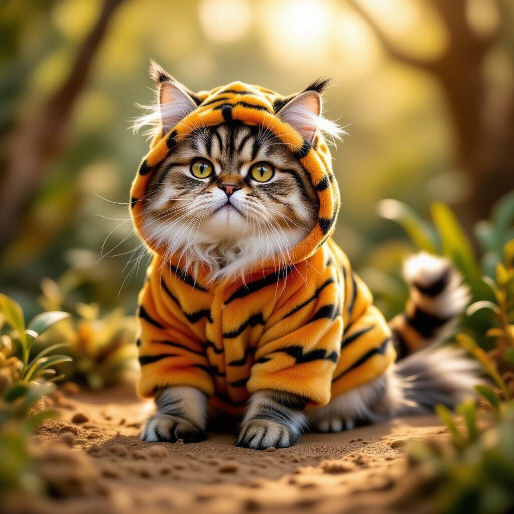 Fluffy Persian Cat in Tiger Costume on Savanna Diorama