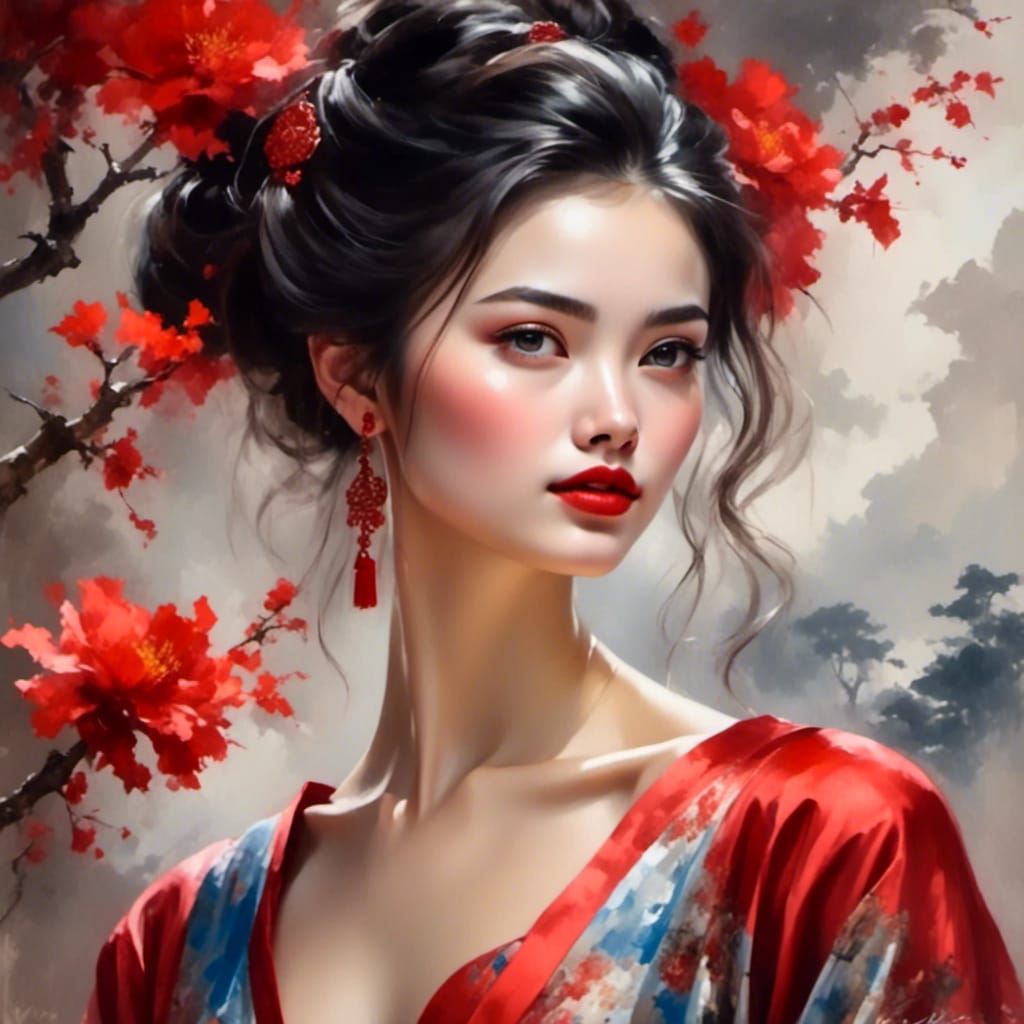 Beautiful Woman with Red Lips in Chinese Ink Style