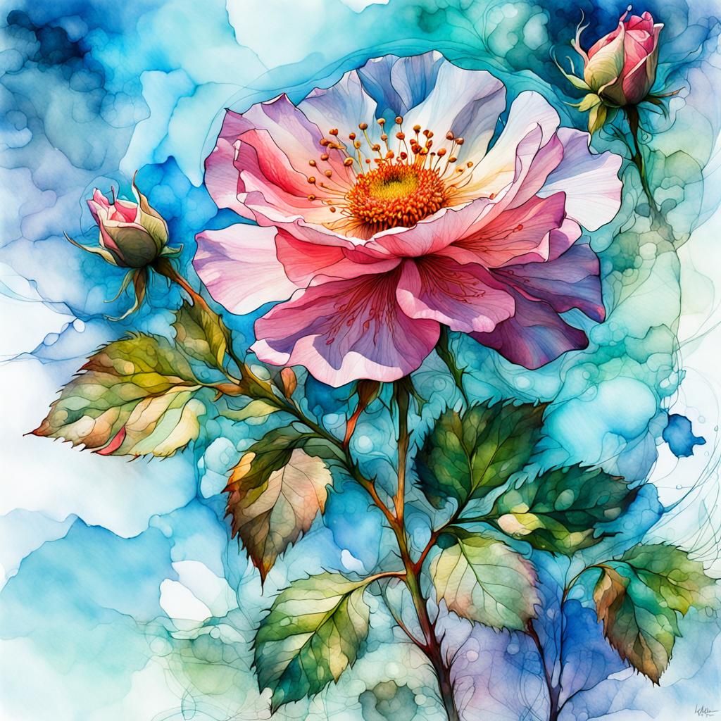Fantasy Rose Double Exposure in Watercolor Style