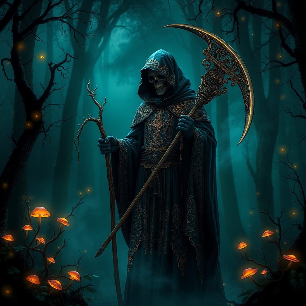 Grim Reaper in Mystical Forest, Mughal Art Style