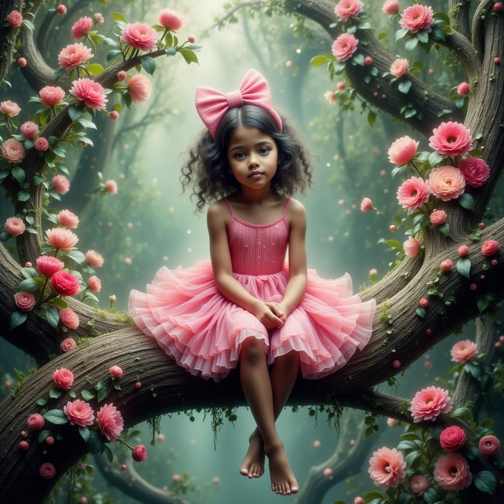 Girl in Pink Dress in Jungle, Whimsical Spring Flowers