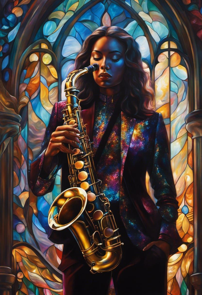 Iridescent Saxophone Portrait in Maximalist Style