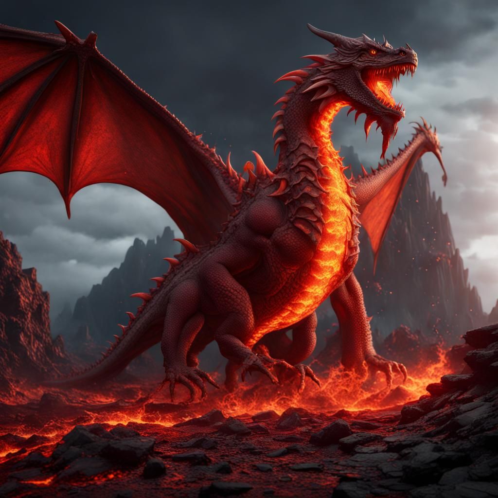 Red Dragon Living by Lava: Fantasy Concept Art