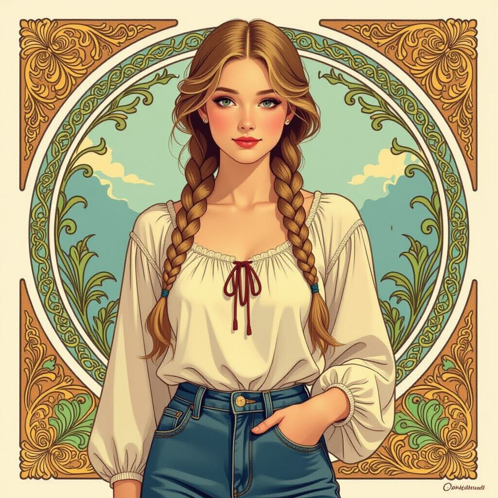 Art Nouveau Blonde with Braids and Toned Physique