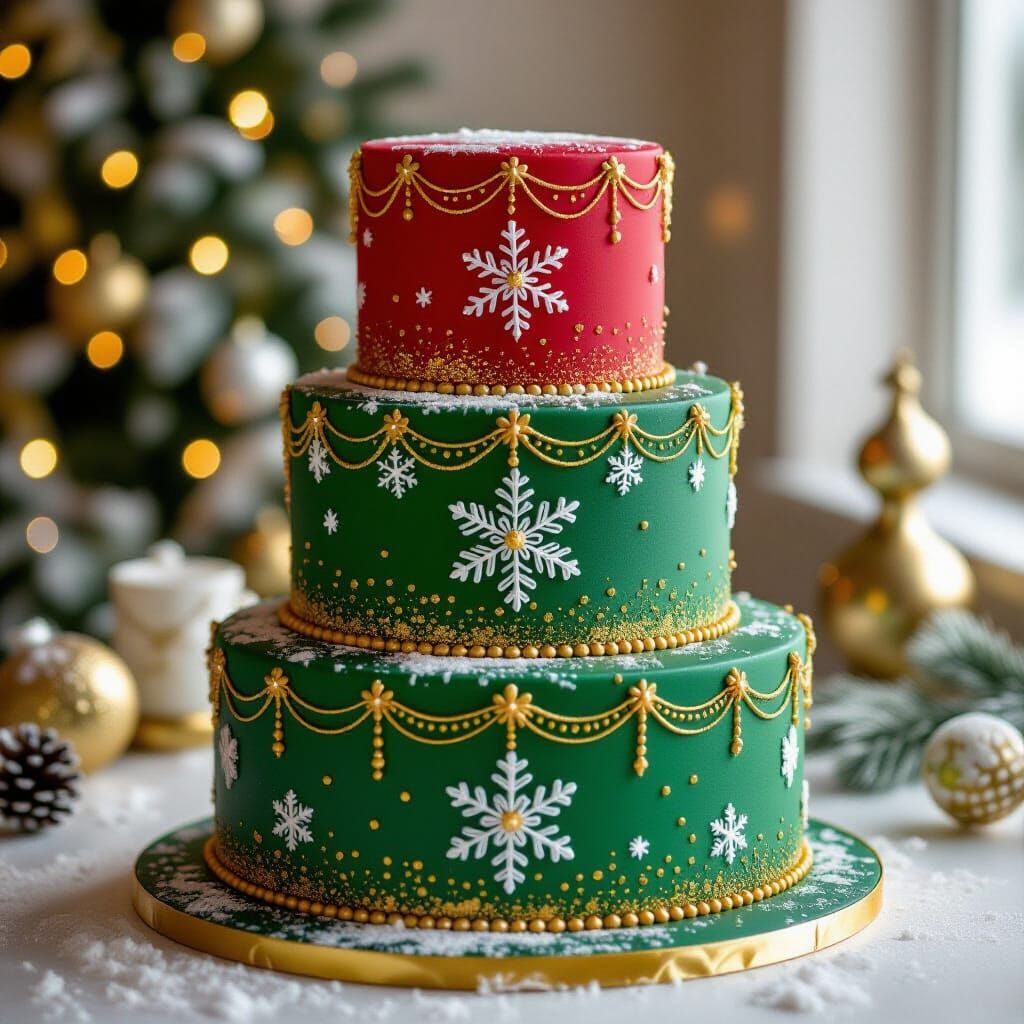 Elegant 8-Tier Fondant Cake with Red, Gold, and Green Accent...