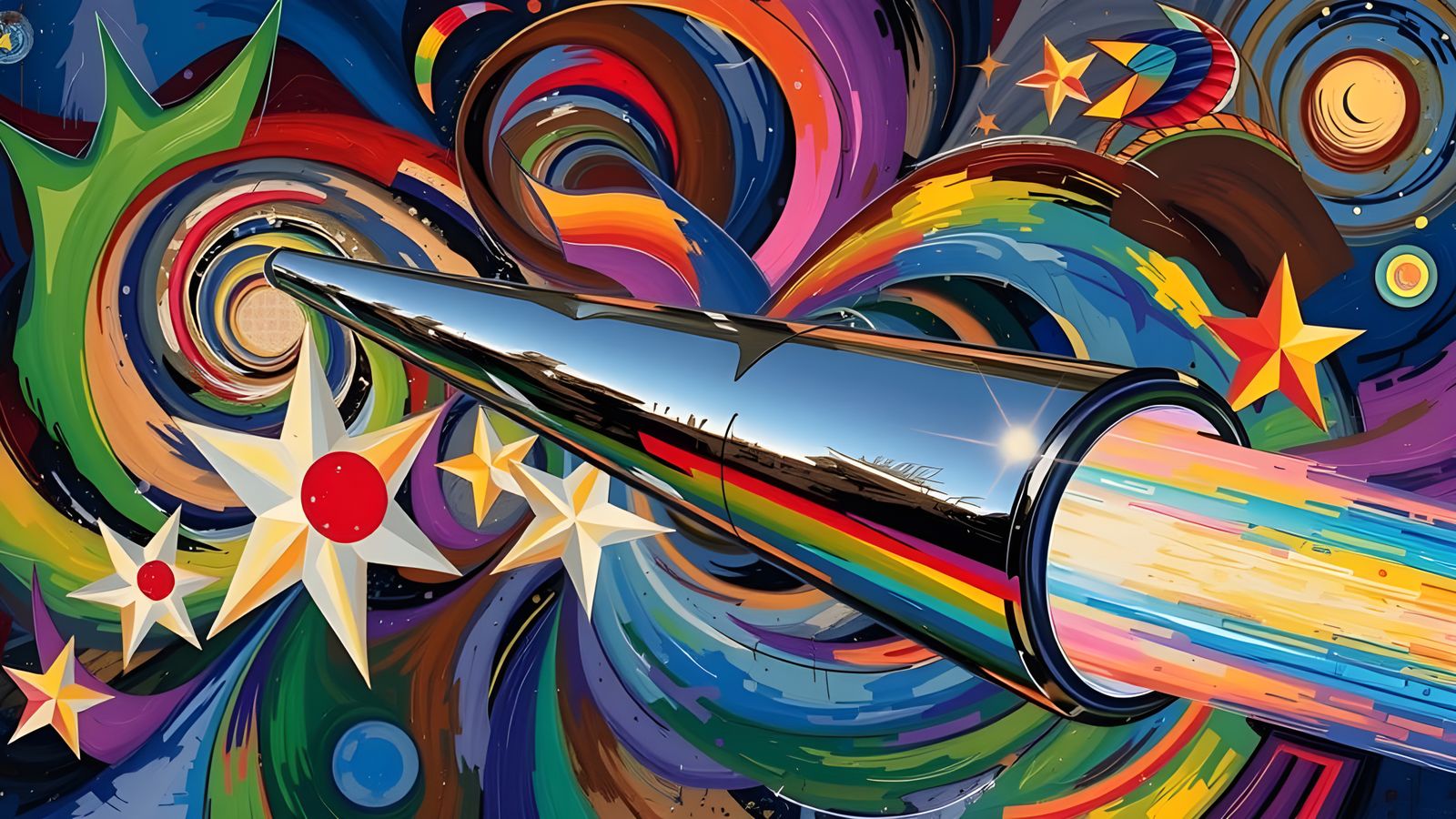 Sleek Rainbow Cylinder with Cosmic Vortex in Impasto Style