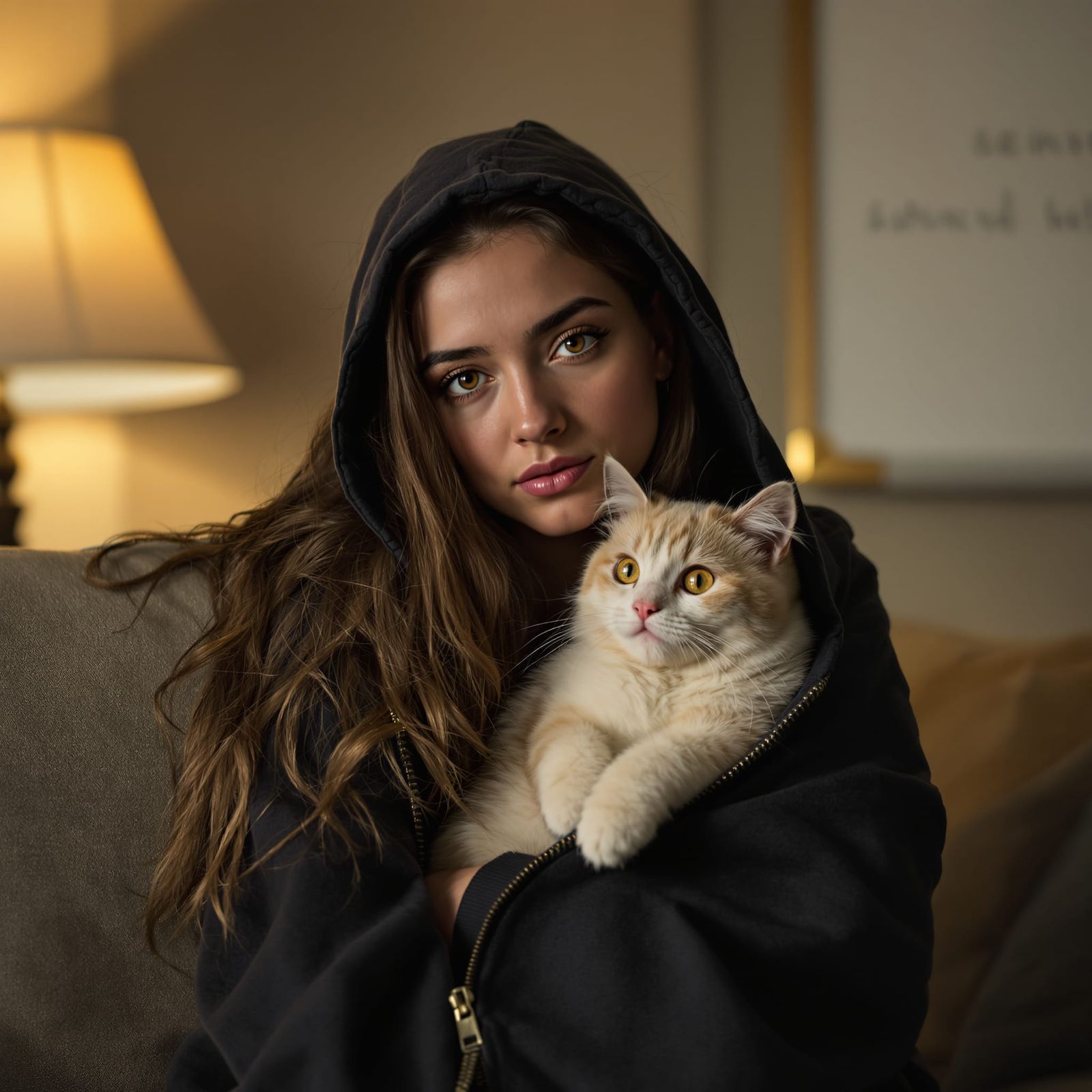 Woman With Cat in Cozy Room, Gothic Calligraphy