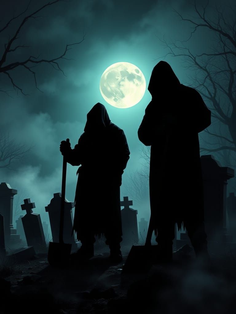 Horrorcore Cemetery: Hooded Figures in Moonlit Necropolis
