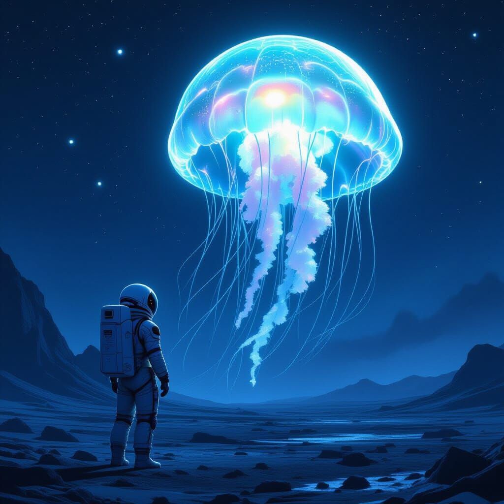 Astronaut and Bioluminescent Jellyfish in Futuristic Landsca...