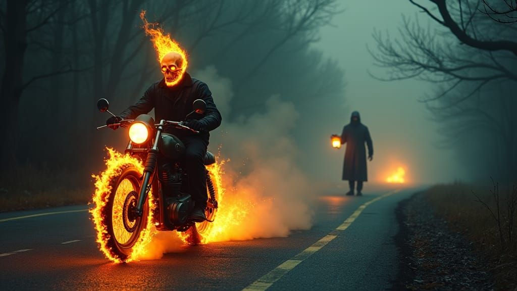 Spectral Motorcyclist on Misty Highway