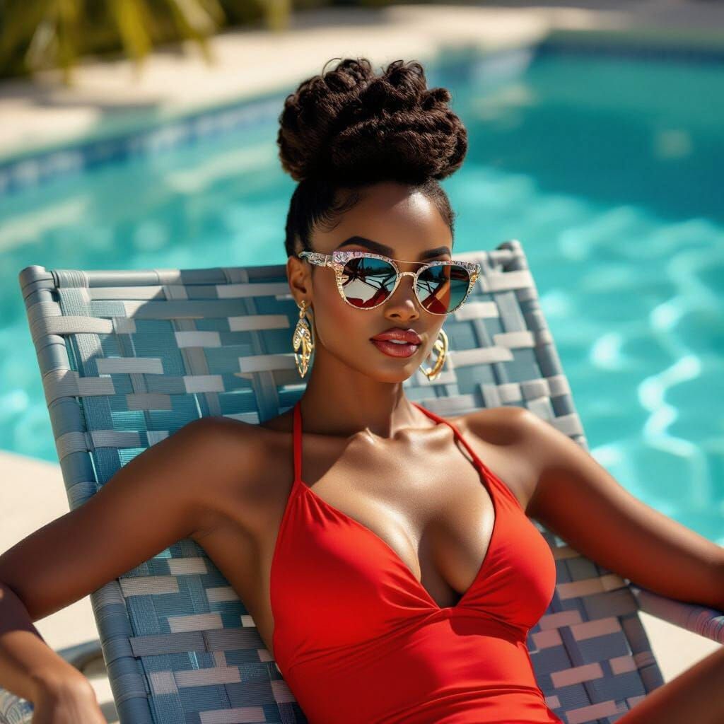 Elegant Woman in Red Bathing Suit by Poolside