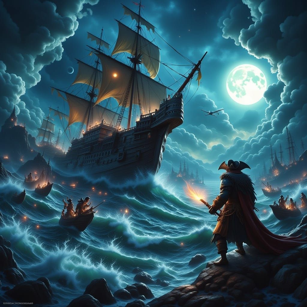 Kraken Attacks Pirate Ship on Stormy Seas