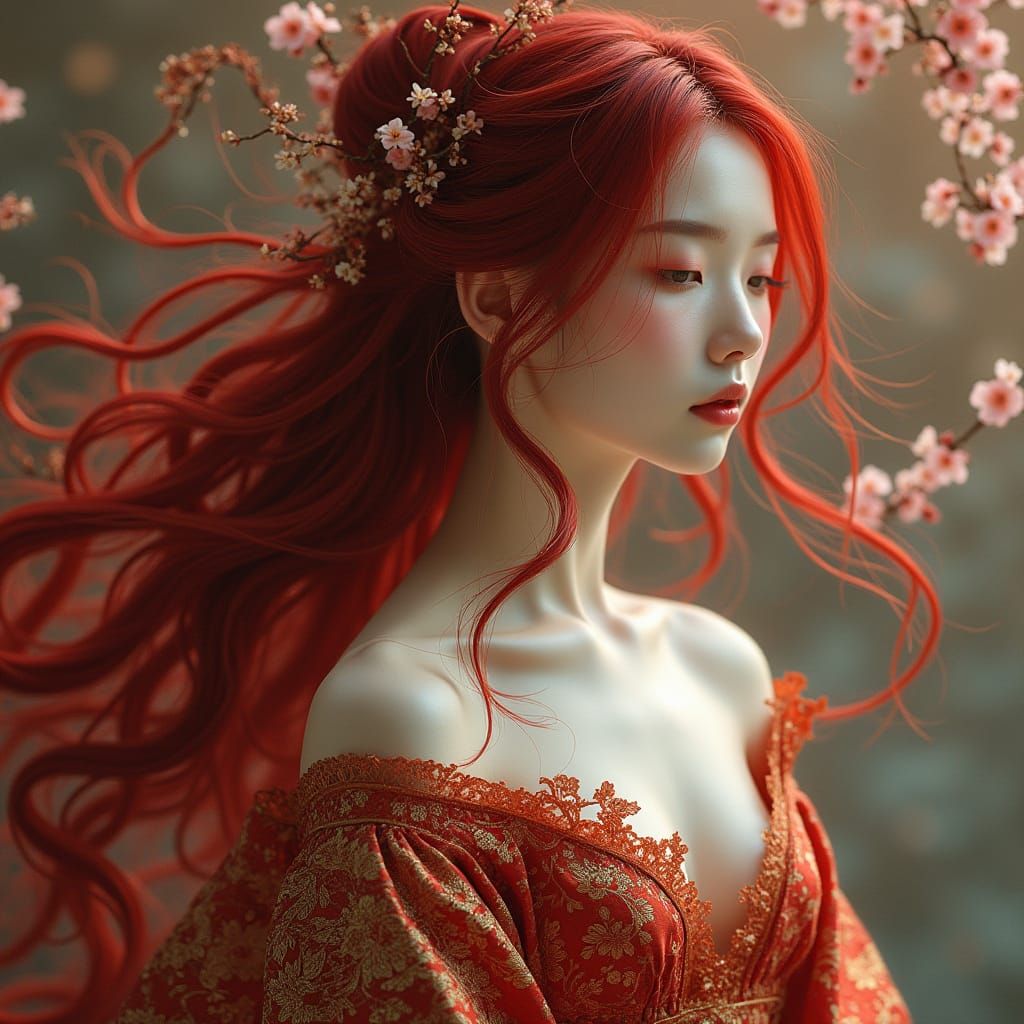 Ethereal Silk Goddess in Traditional Digital Art Style