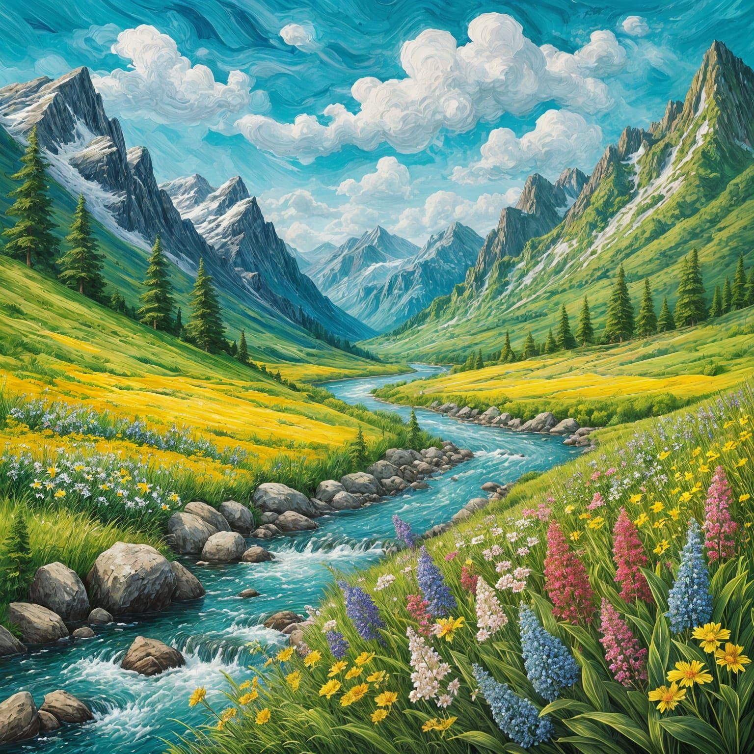 Lush Valley Landscape in Abstract Style
