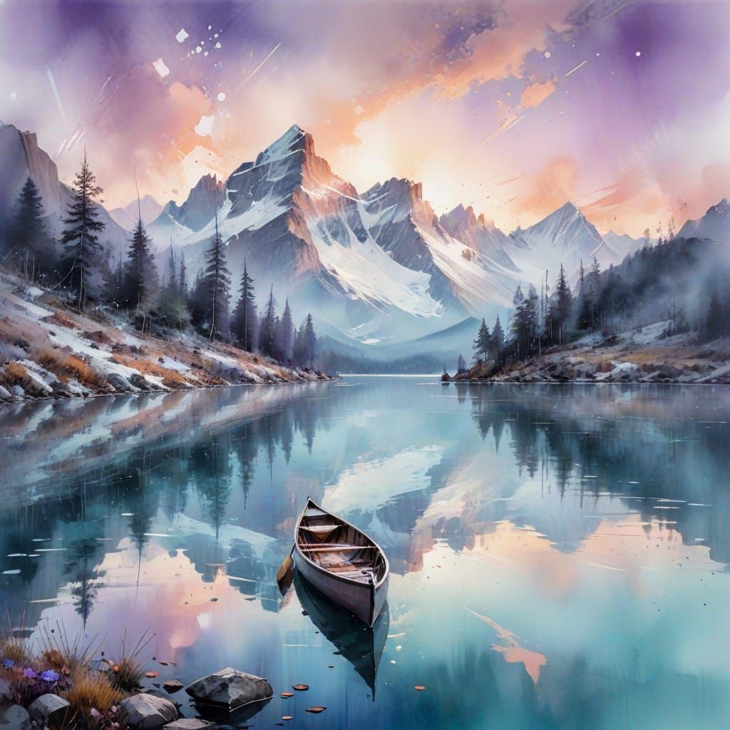 Alpine Lake at Dawn in Watercolor Style