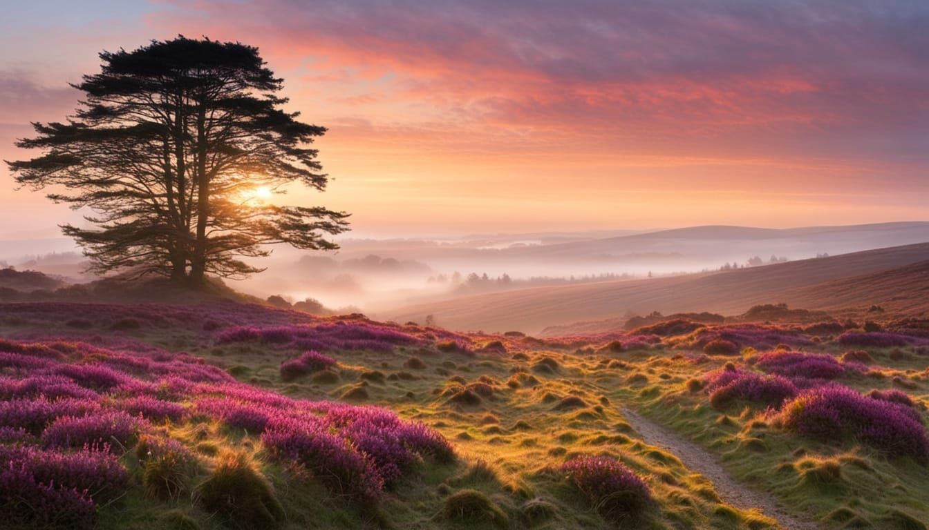 Misty Sunrise Over Heather Moor in Pastel Tones