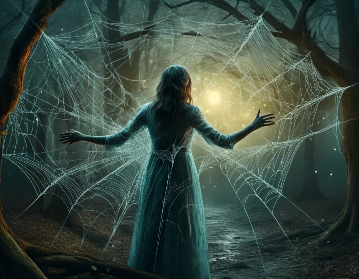 Woman Entangled in Spiderweb in Enchanted Forest