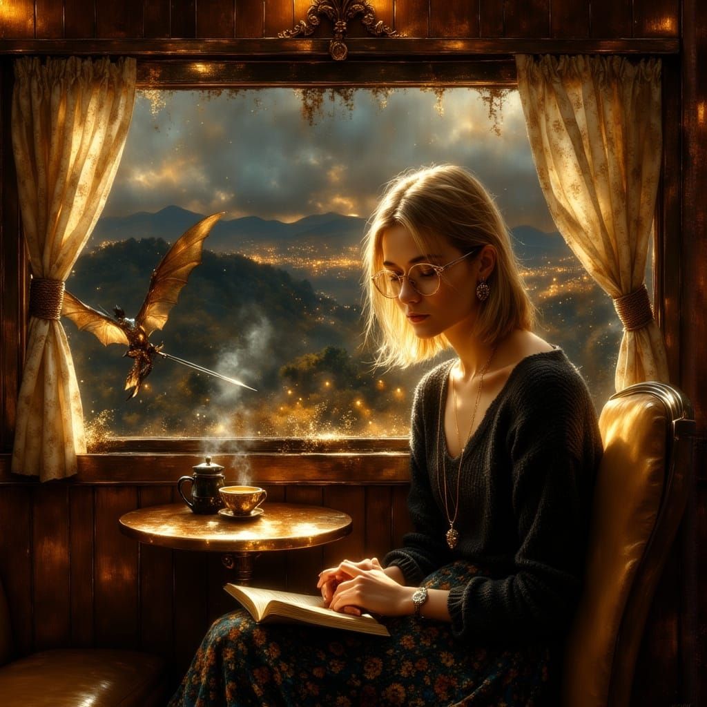 Evening Train Compartment: A Hyperrealistic Illustration