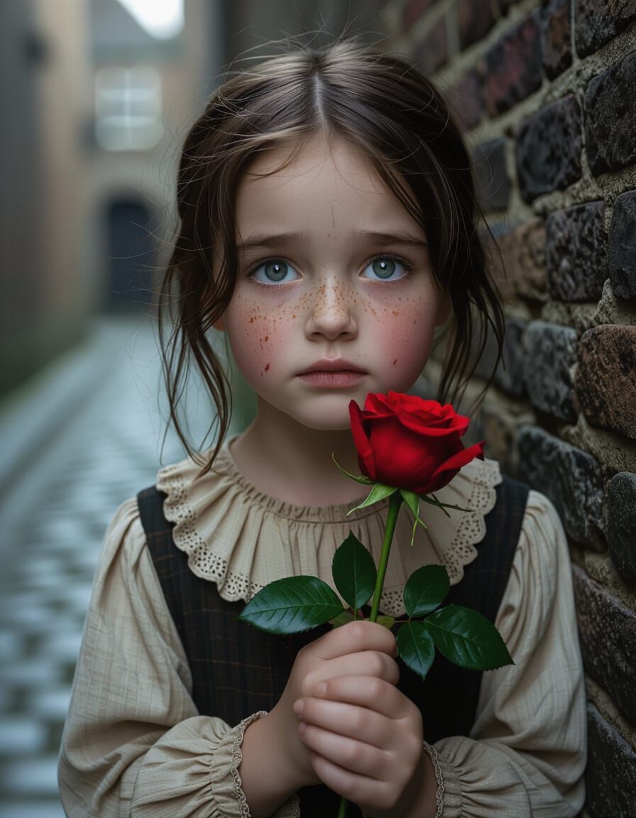 Urchin Girl With Rose in Chiaroscuro Alleyway