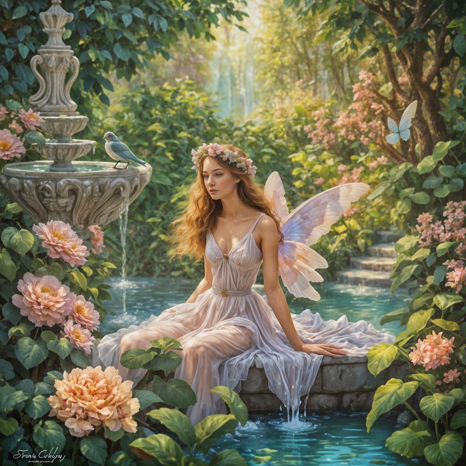 Dreamy Impressionist Fairy by Enchanted Water Fountain