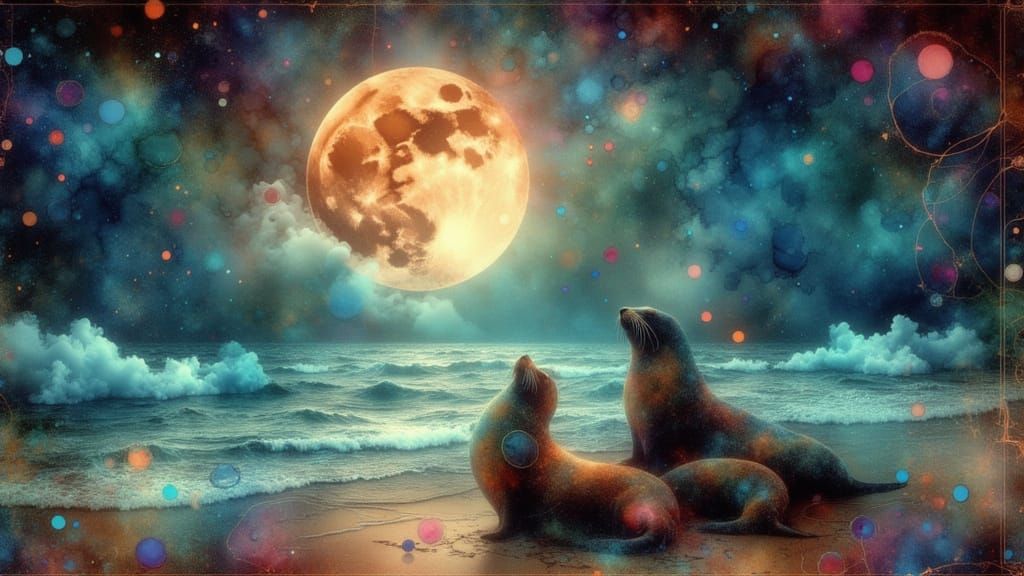 Surreal Moonlit Dreamscape with Sea Lions in Glitch Art