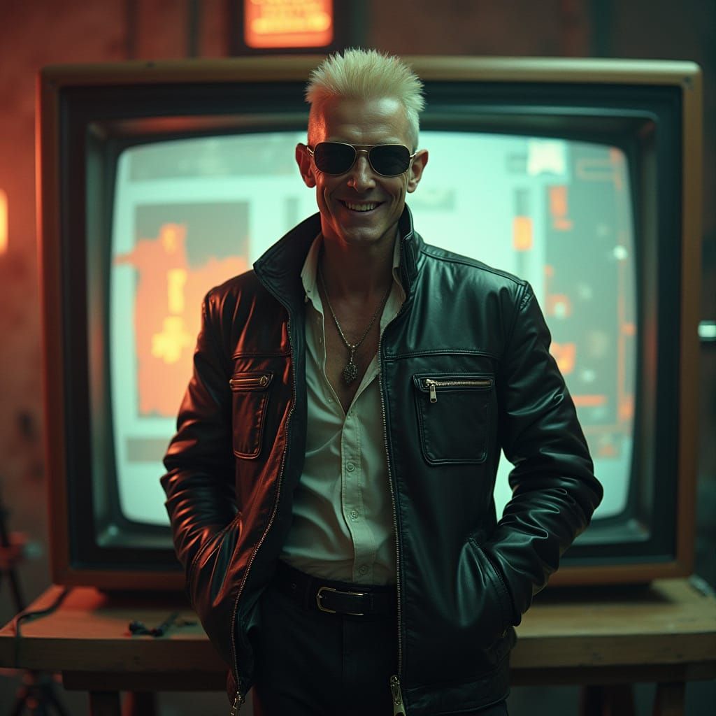 Rebellious Futuristic TV Host in Gritty Cyberpunk Studio