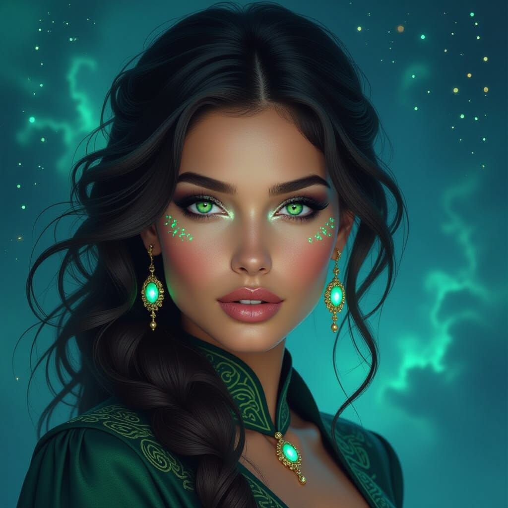 Ethereal Woman with Bioluminescent Tattoos in Art Nouveau St...