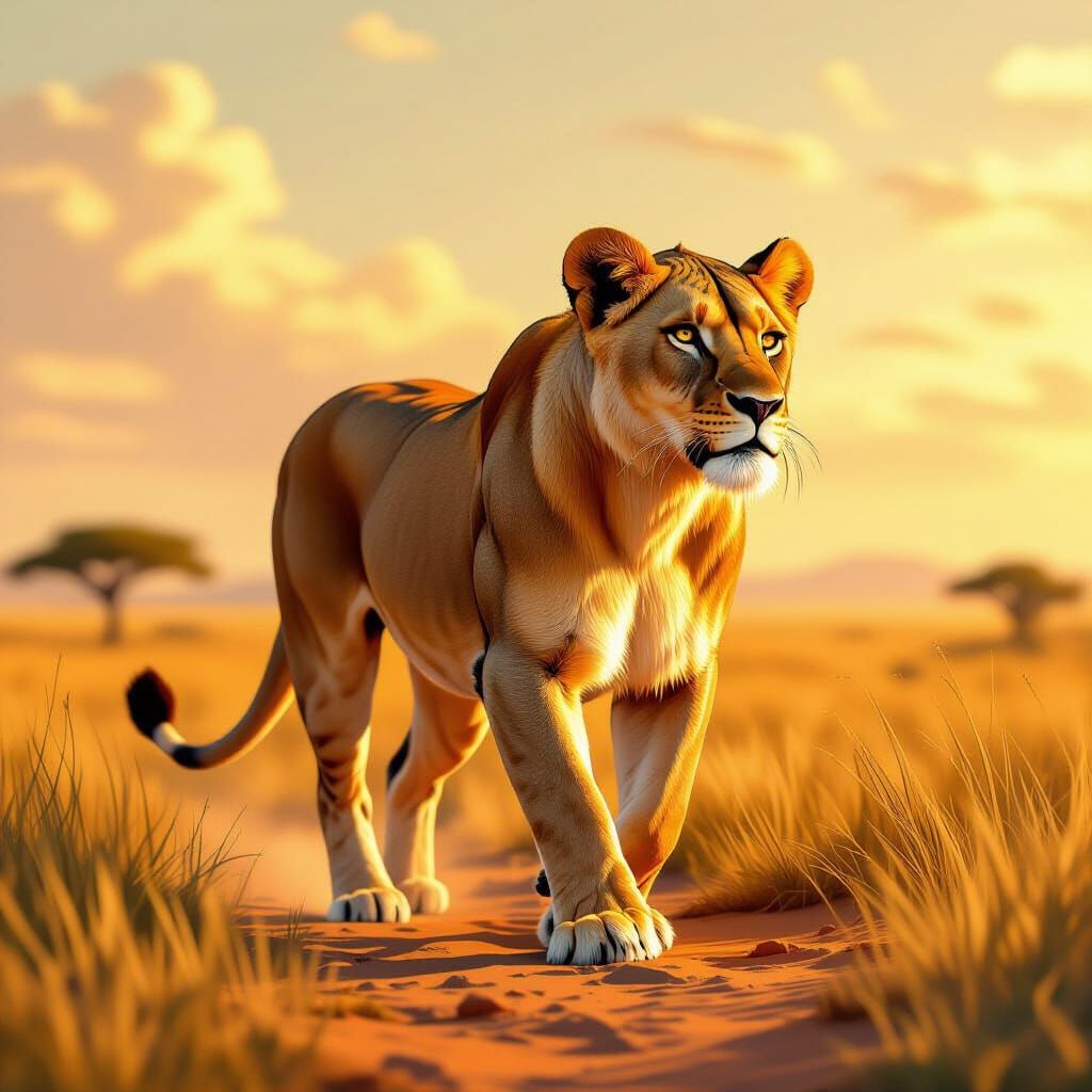 Lioness in Savannah Landscape, Digital Painting