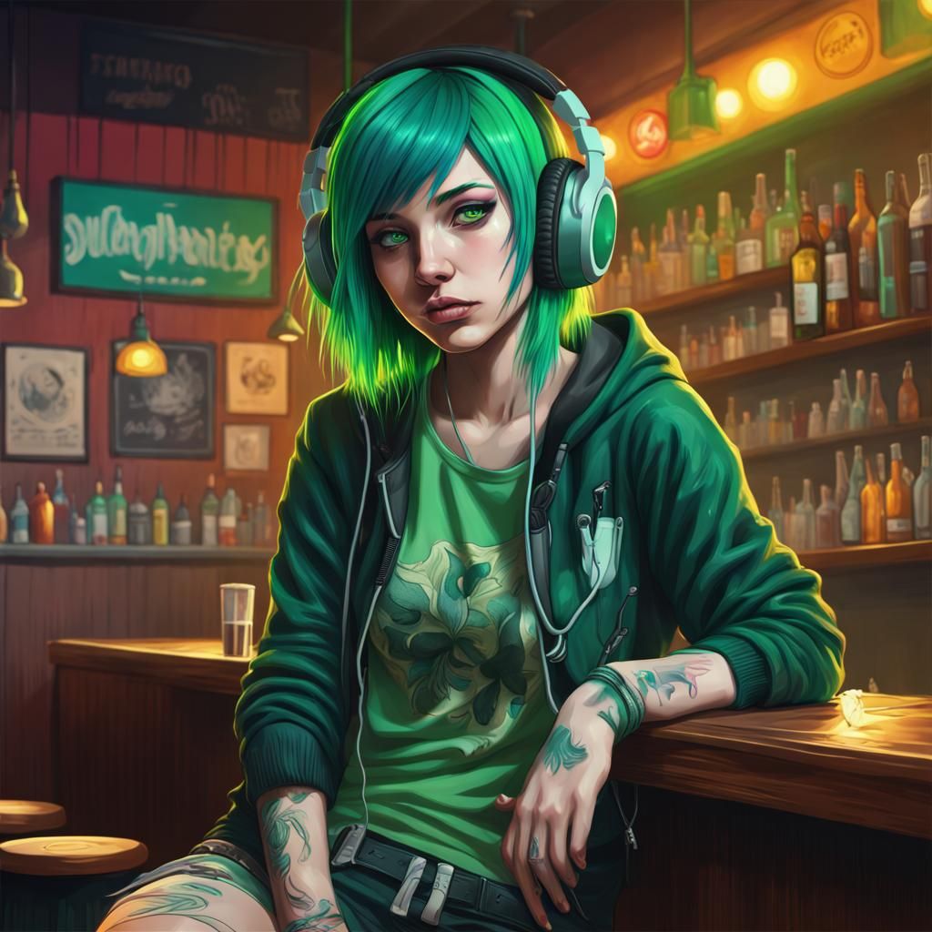Hyperrealistic Emo Girl in a Bar, Full Body Shot