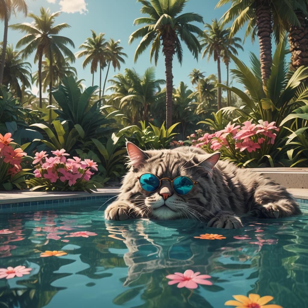 Cat Lounging Poolside in 80s Summer Style