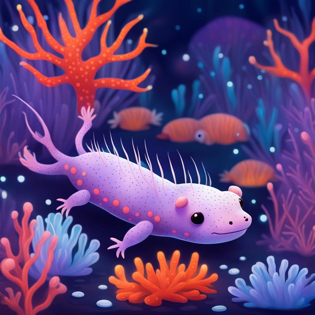 Axolotl Swimming in Magical Coral Reef