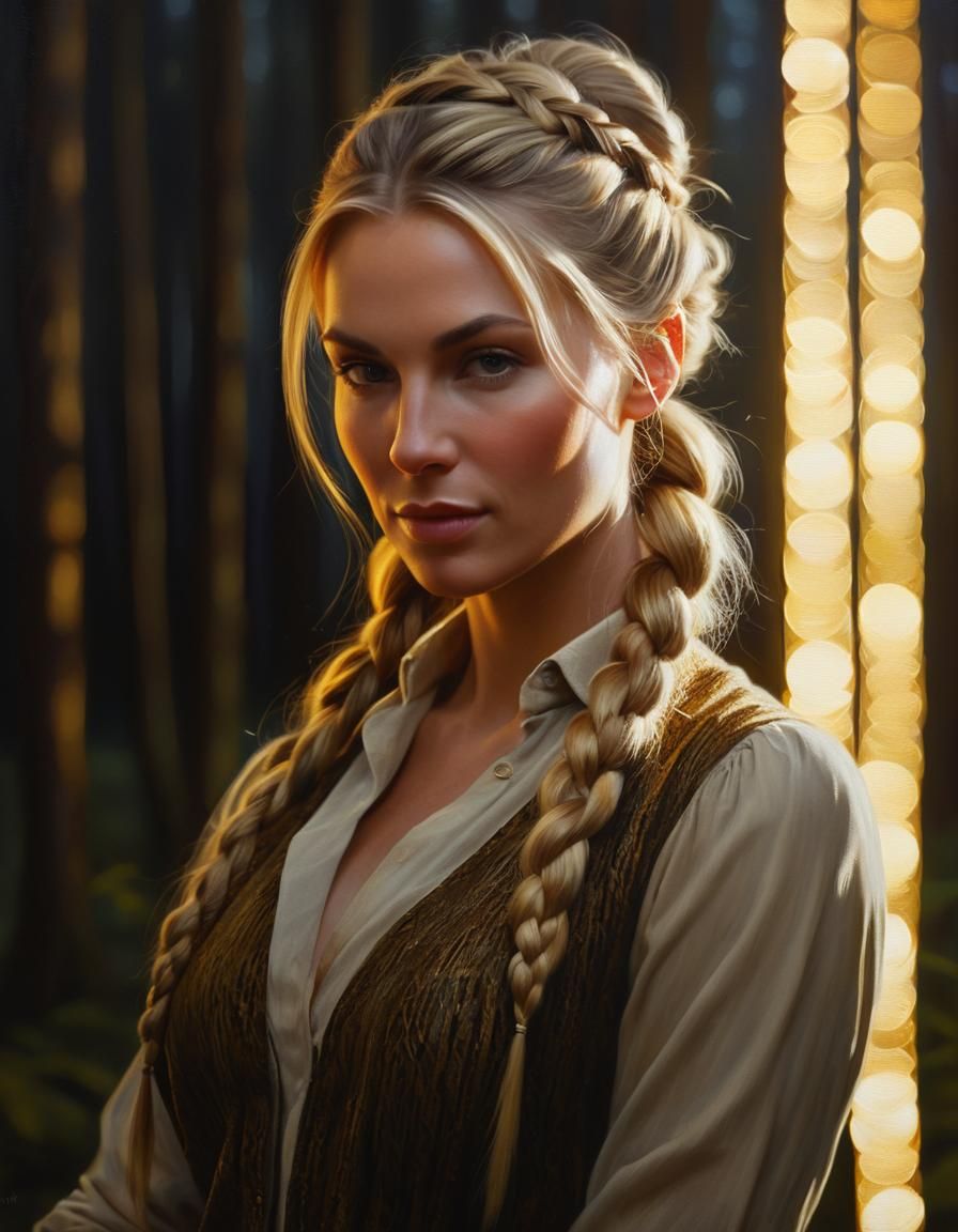 Portrait of Woman in Twilight Forest: Chiaroscuro Oil Painti...