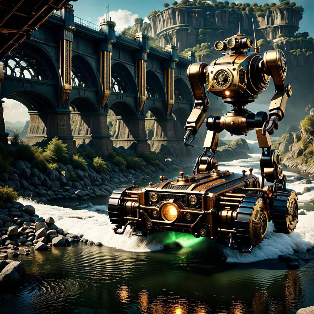 Steampunk Robotics Salesman Crossing the Rubicon