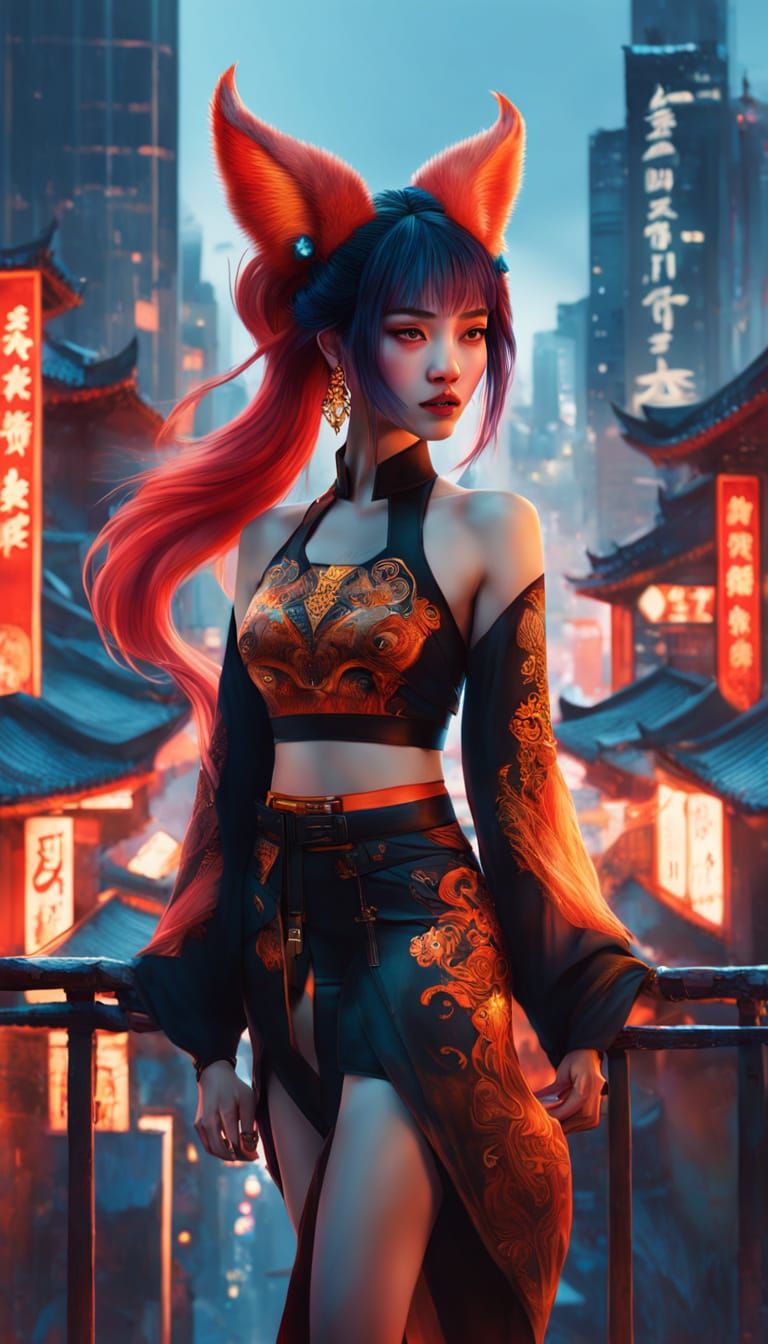 Kitsune Woman Overlooking City in Pixar Style