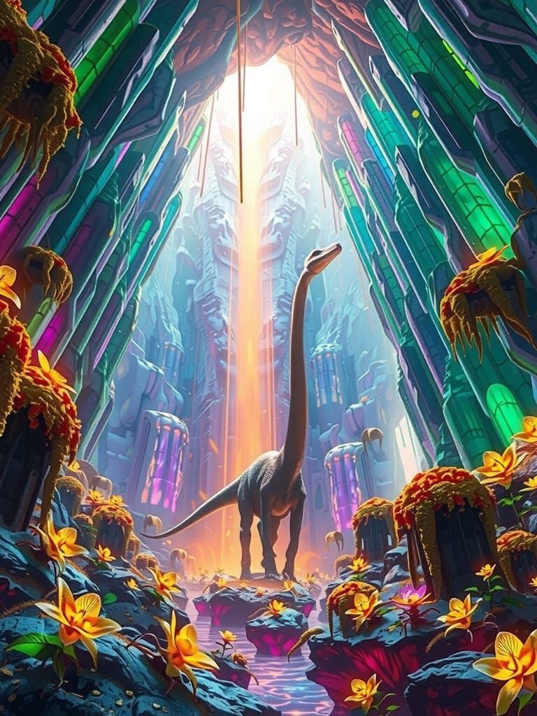 Majestic Diplodocus Amidst Radiant Space-Sun Cavern