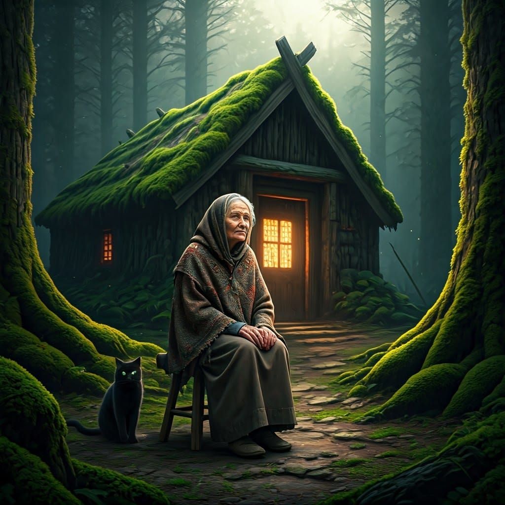 Mystical Forest Scene with Woman and Cat