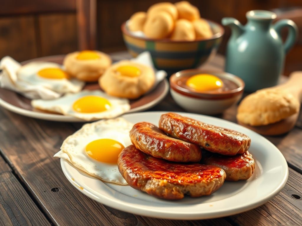 Photorealistic Breakfast Scene: Sausage, Eggs, and Biscuits