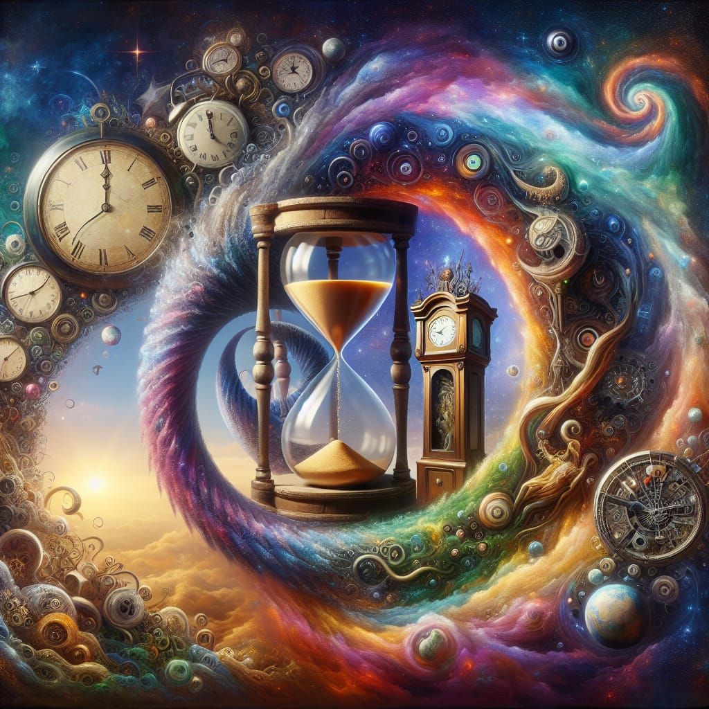 Time Evolution: Hourglass to Digital Clock in Surreal Style