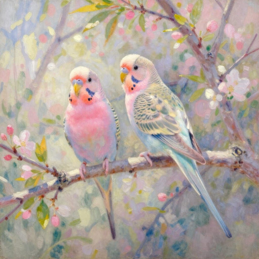 Impressionist Budgies in Spring Foliage