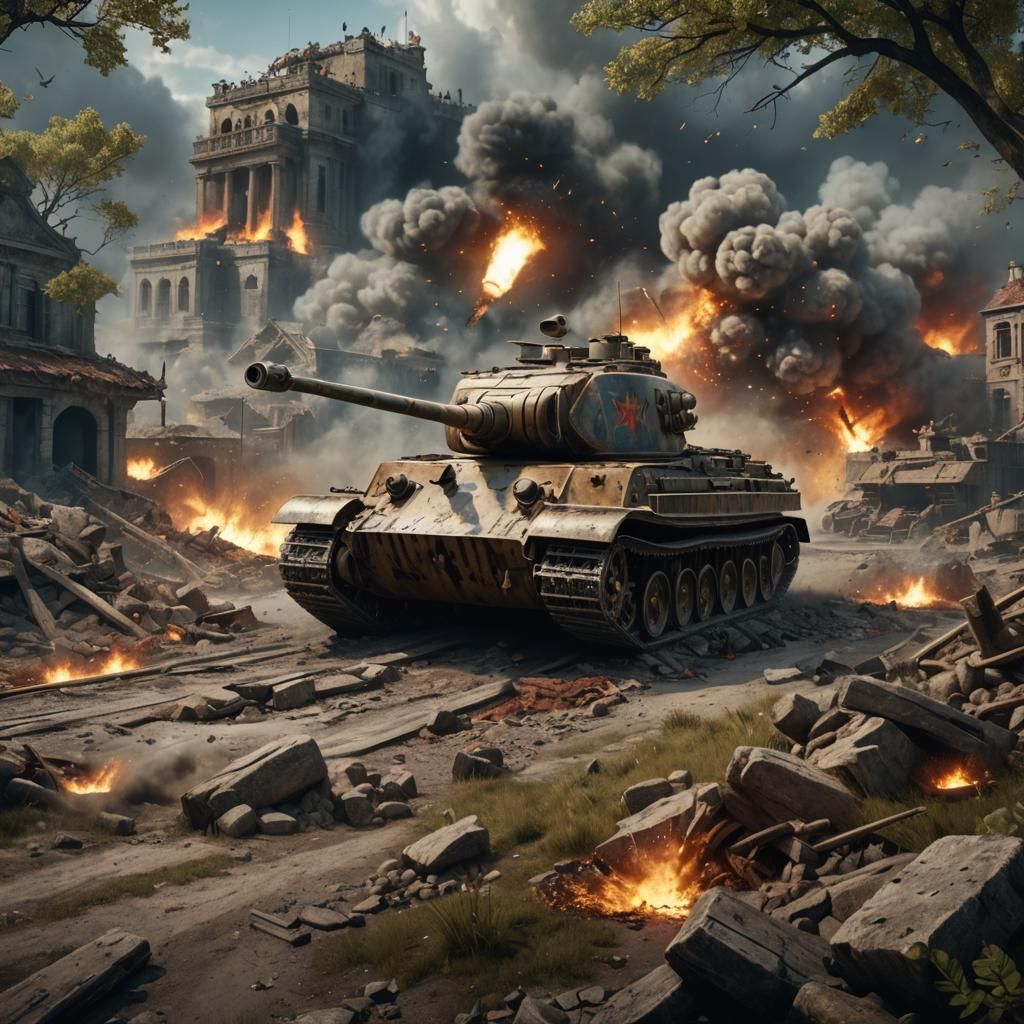 WWII Tank Battle Scene in Detailed Matte Painting