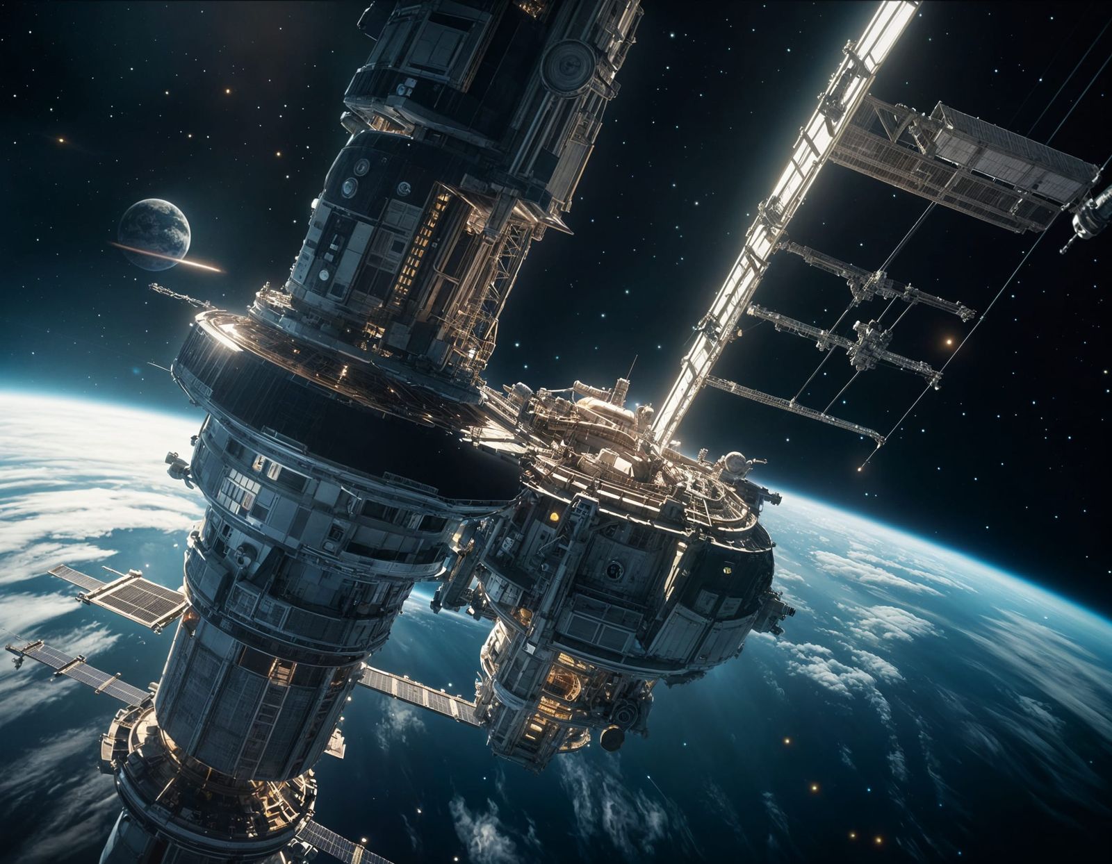 Space Station Orbiting Planet in Deep Space